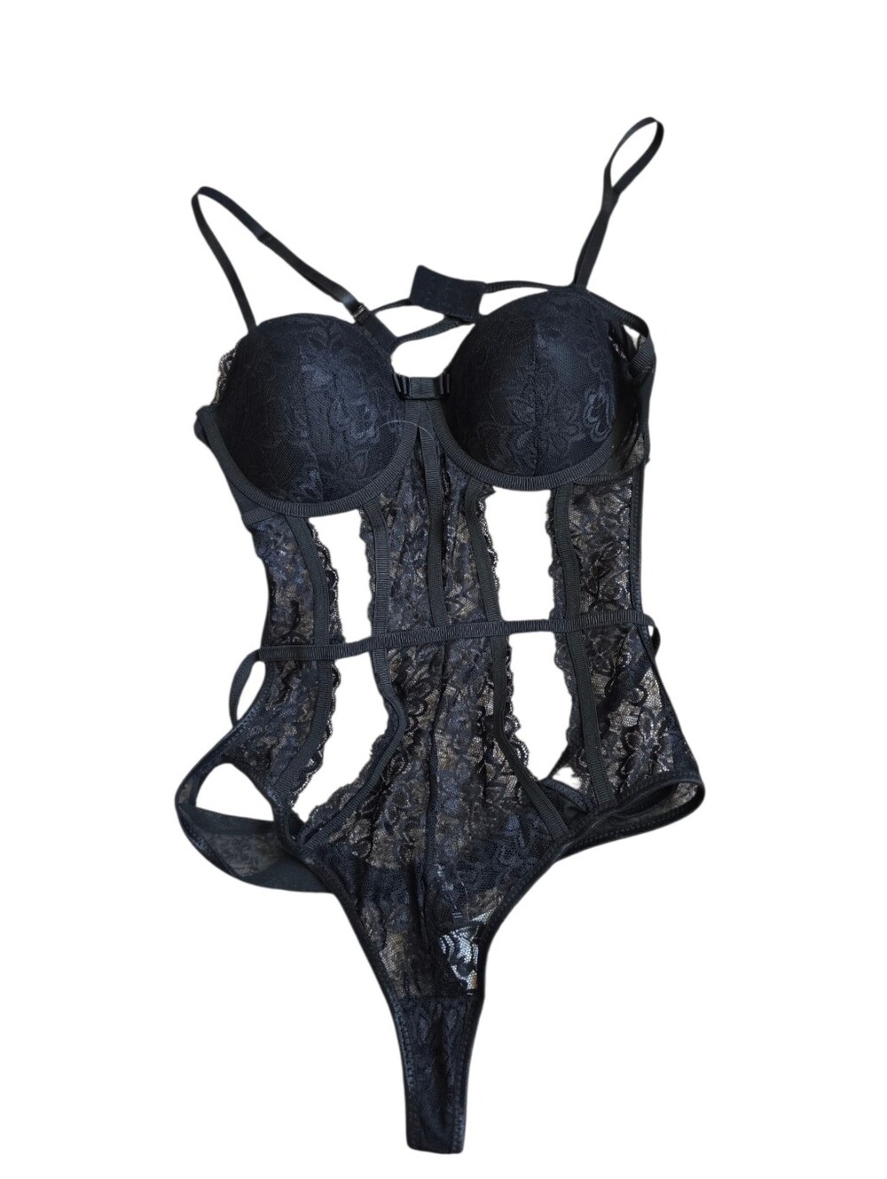 NWT Body Rage Black Lace Cutout Push-Up Teddy Bodysuit - Size Large (36C)